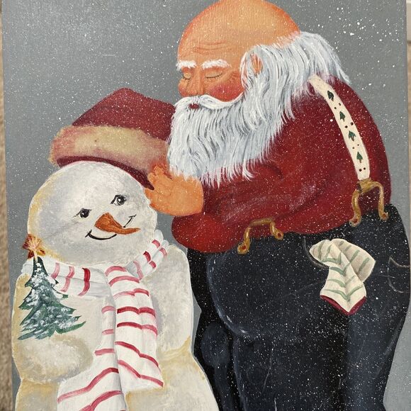 Hand Painted Cutting Board Holiday Santa Snowman Signed By Artist - Picture 3 of 5